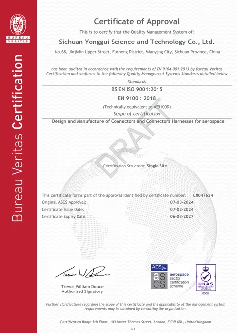 Scan of the AS9100D certificate as issued: aerospace quality management. The holder named on the document is the manufacturing organisation, not the brand on this site.