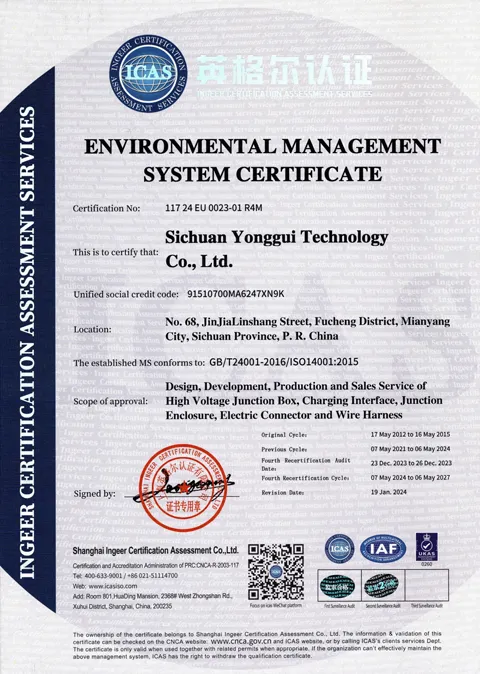 Scan of the ISO 14001 certificate as issued: environmental management. The holder named on the document is the manufacturing organisation, not the brand on this site.