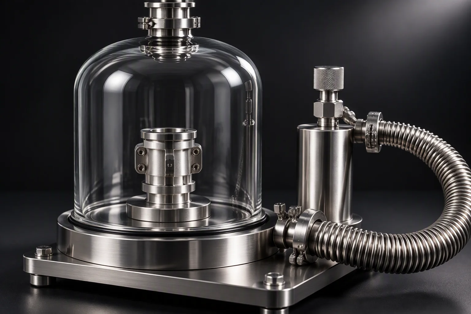 Rendering: a coupling sealed in a bell jar beside a calibrated leak standard and a vacuum hose, no readable numerals anywhere in frame