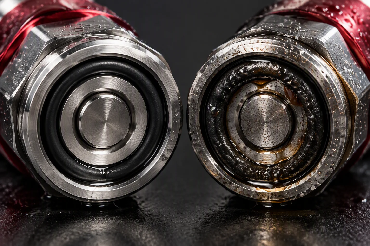Rendering: a macro comparison of two coupling seal faces side by side, one clean and one blistered and stained, with no readable text or brand marks