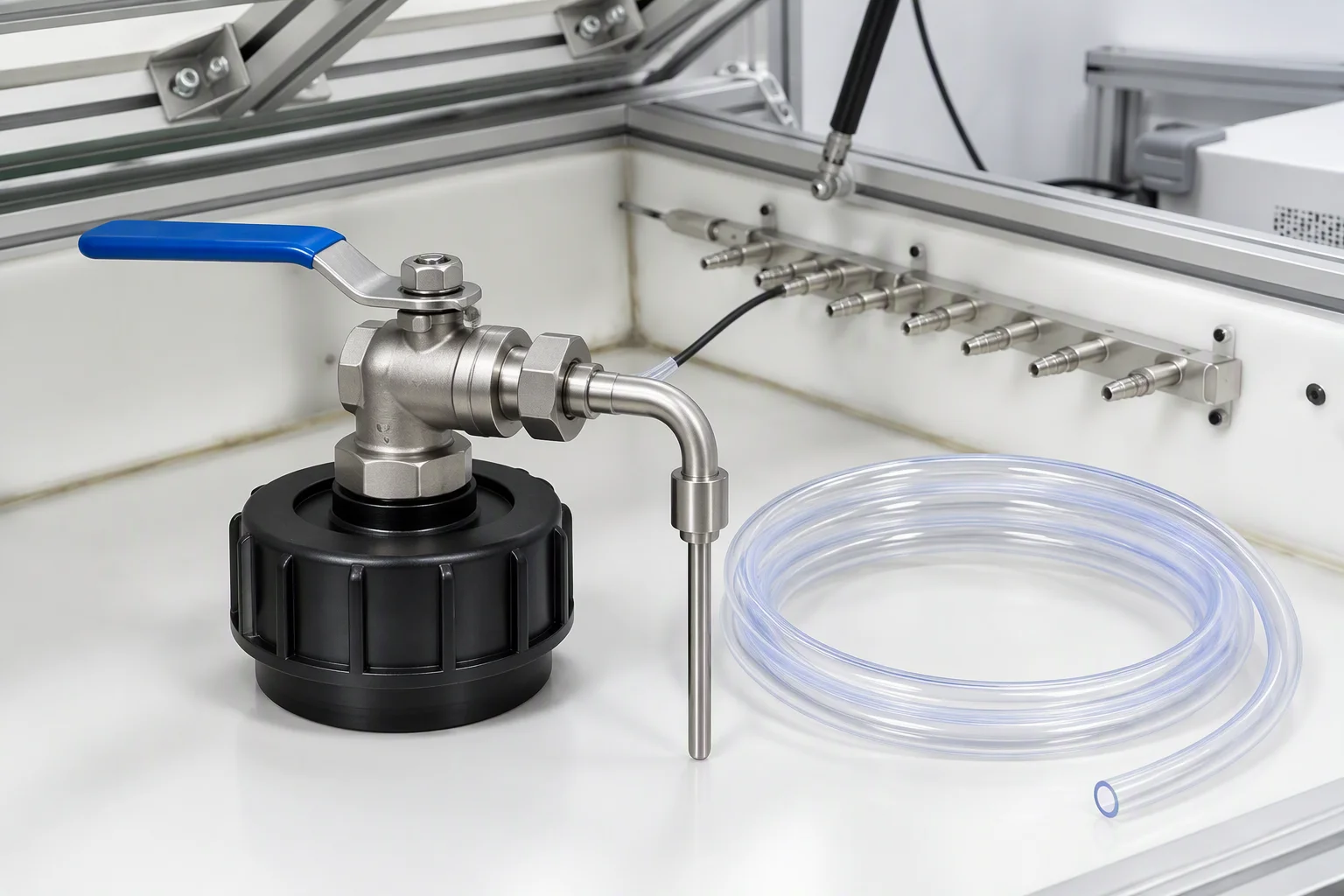 Rendering: a coolant drum tap with a sampling probe and a length of clear tubing beside it, the liquid pale and the drum markings unreadable