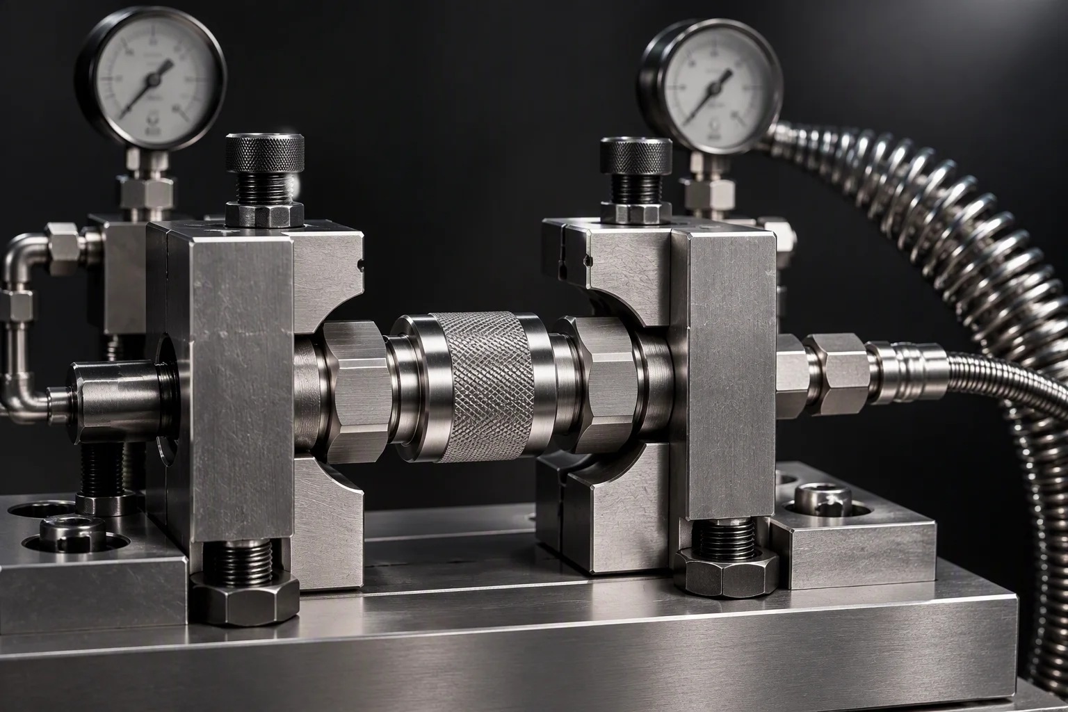 Rendering: a coupling clamped in a pressure fixture with a coiled high-pressure line running out of frame, gauges rendered unreadable