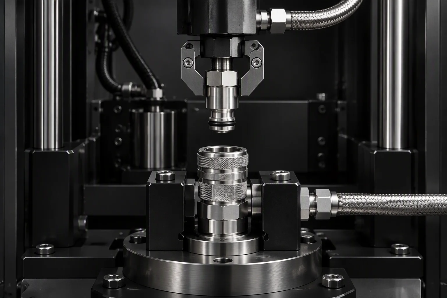 Rendering: one coupling held in a cycle rig with an actuator arm gripping the plug above it, the counter rendered unreadable
