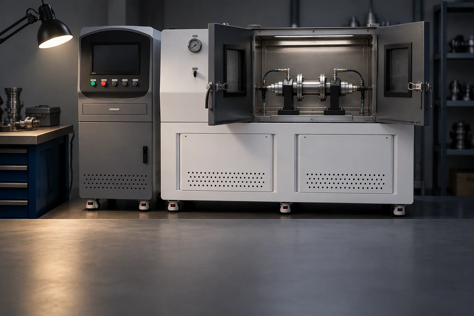 Rendering: a dim lab leak-test station with a coupling sealed inside a small chamber on the bench and a mass-spectrometer unit beside it on a vacuum hose