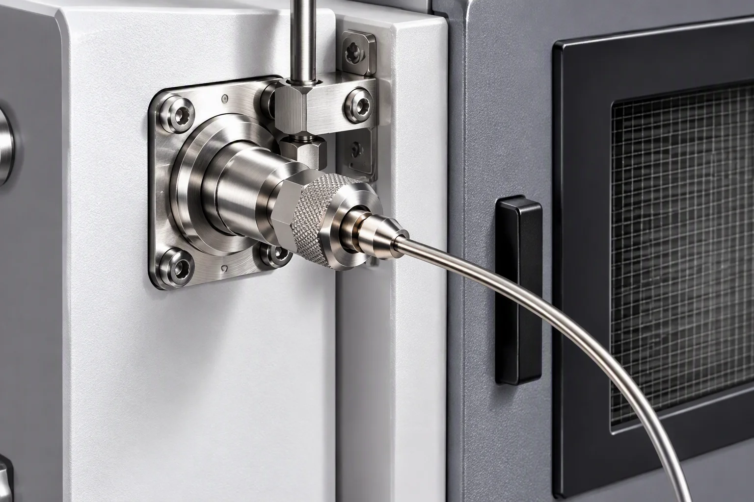Rendering: a macro of a leak detector inlet with a capillary line running to a small sealed chamber holding one coupling, and a calibrated leak standard beside it