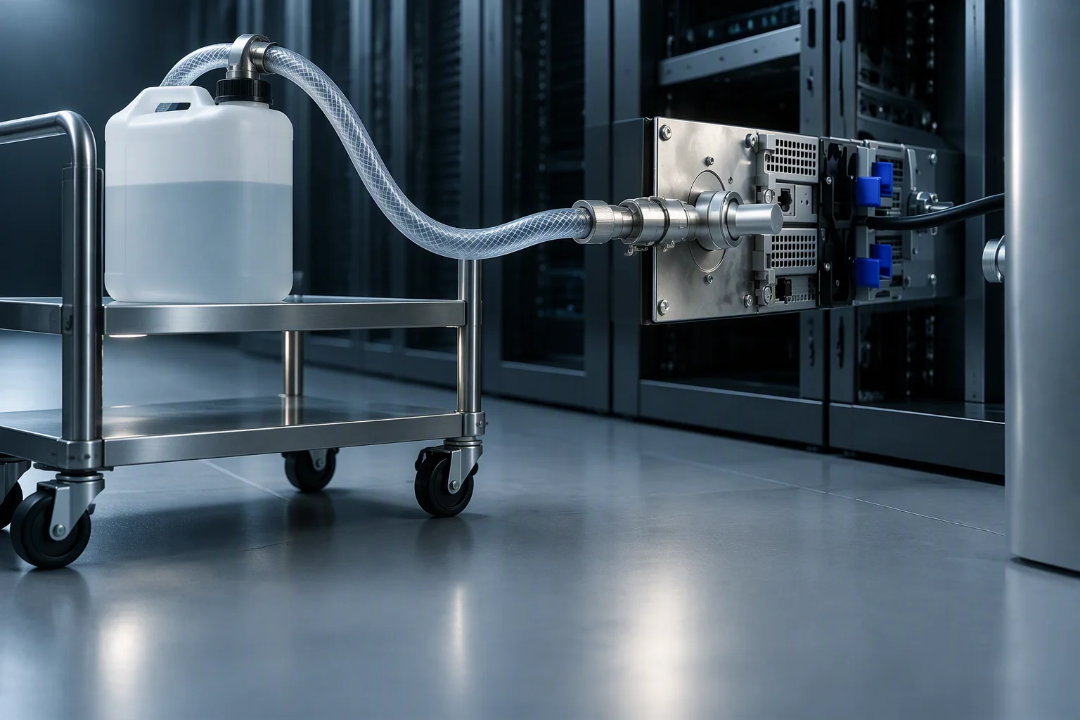 Rendering: a service cart beside a rack with a coolant jug, one coupling and a length of clear hose laid out together on its tray