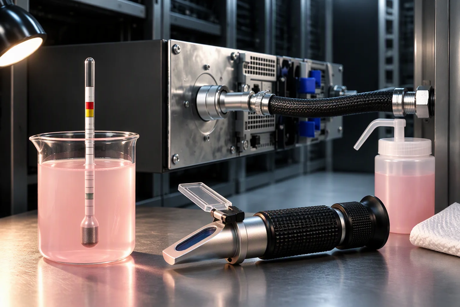 Rendering: a bench close-up with a jug of pale pink coolant, a hydrometer and a refractometer beside it, one coupling and a clear hose section, all labels and scales unreadable