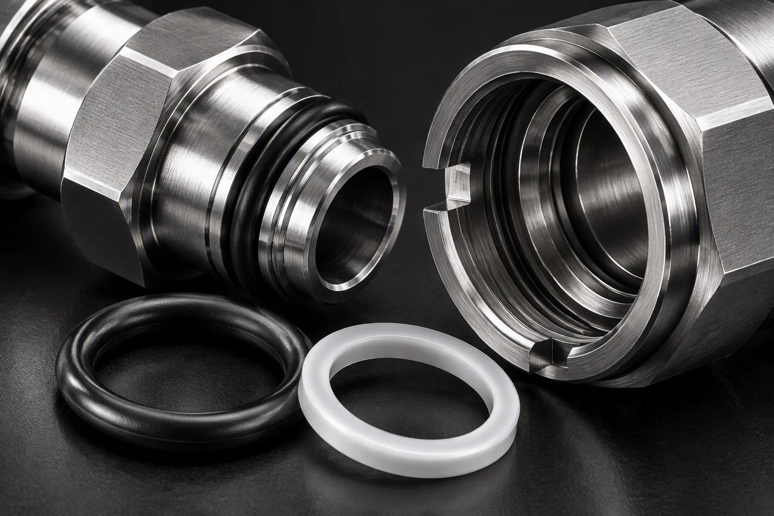 Rendering: a macro of several elastomer seal rings laid beside an open seal groove on a machined coupling face, a gloved fingertip seating one ring, surfaces clean with no markings