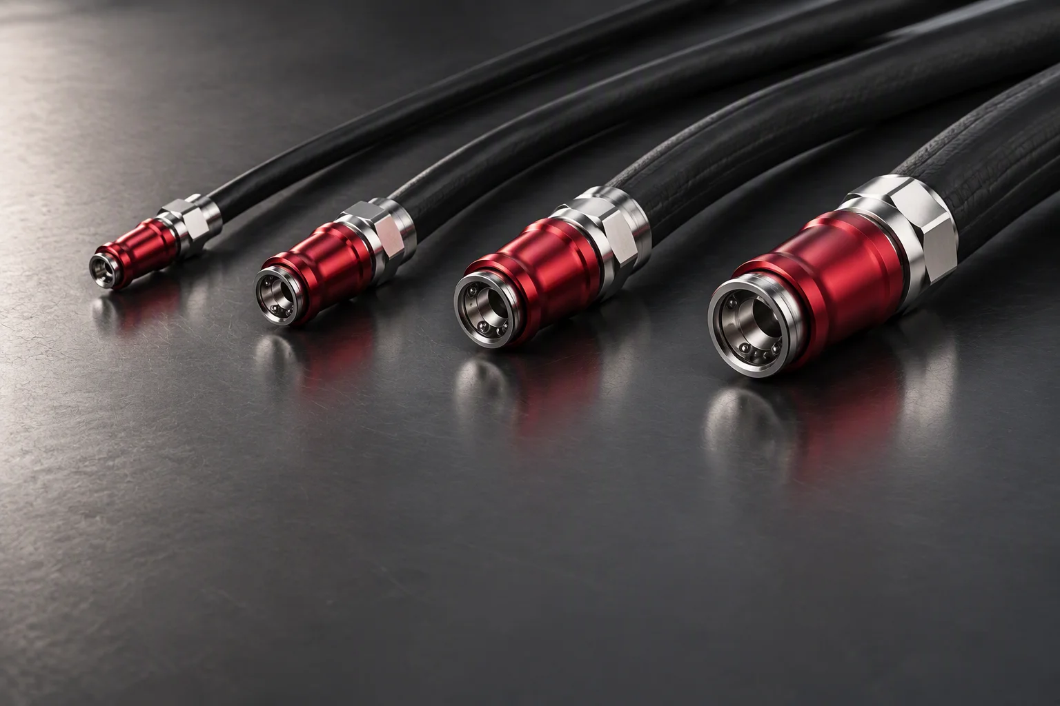 Rendering: four couplings of increasing size laid in one row on a dark bench, each joined to a progressively thicker hose