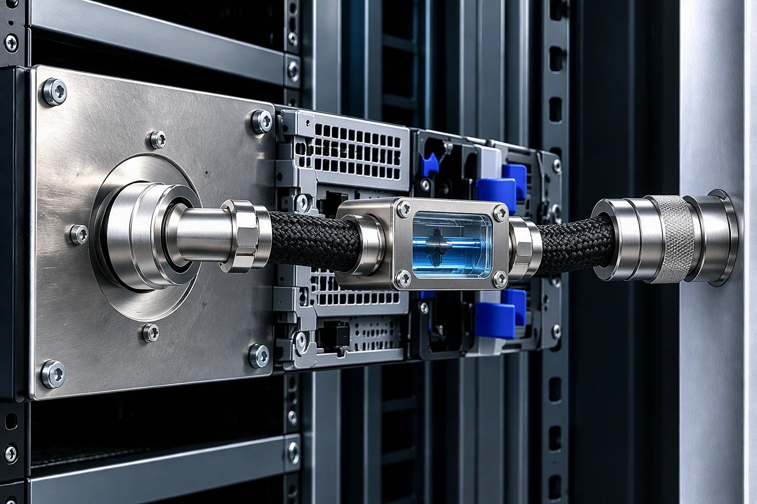 Rendering: a short section of a liquid cooling loop on a bench — a pump outlet, an inline flow meter and one coupling in line, gauges rendered unreadable