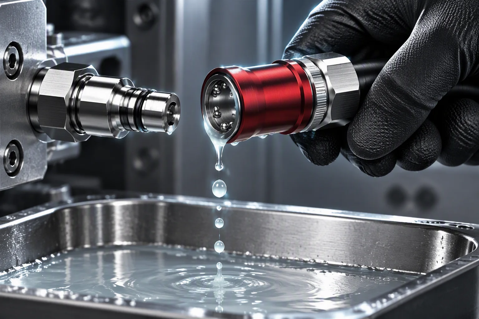 Rendering: a gloved hand releasing a coupling above a shallow drip tray, one bead of pale coolant on the seal face