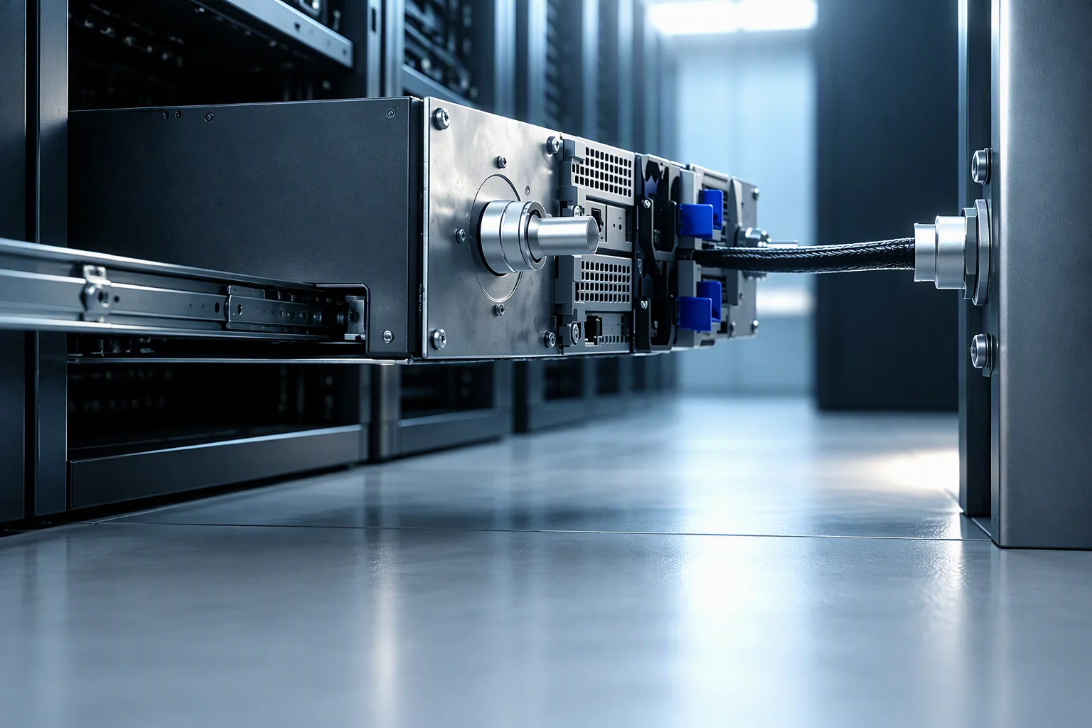 Rendering: a server tray sliding into a rack at the moment before contact, the blind-mate plug on its cold plate approaching the receptacle on the backplate