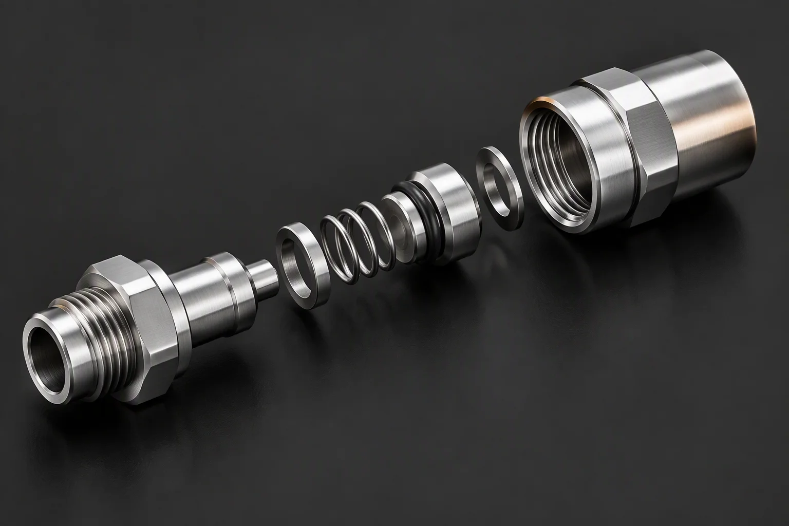 Rendering: an exploded assembly view of a blind-mate coupling along one axis — plug, floating mechanism parts and receptacle spaced in assembly order
