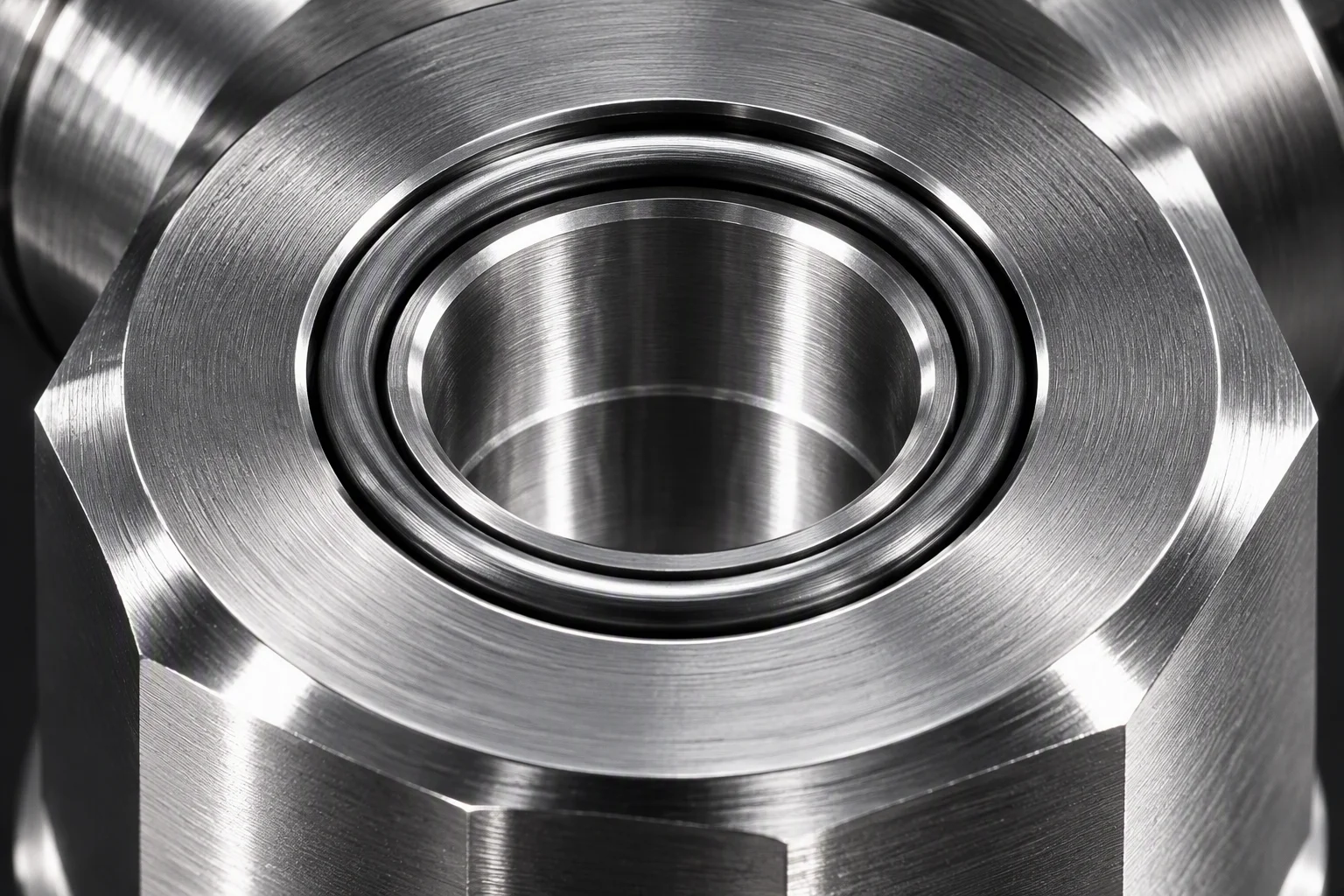 Rendering: a macro of a lapped cold-plate coupling face with the receptacle ring seated in it, machining marks visible and no engraving or stamping