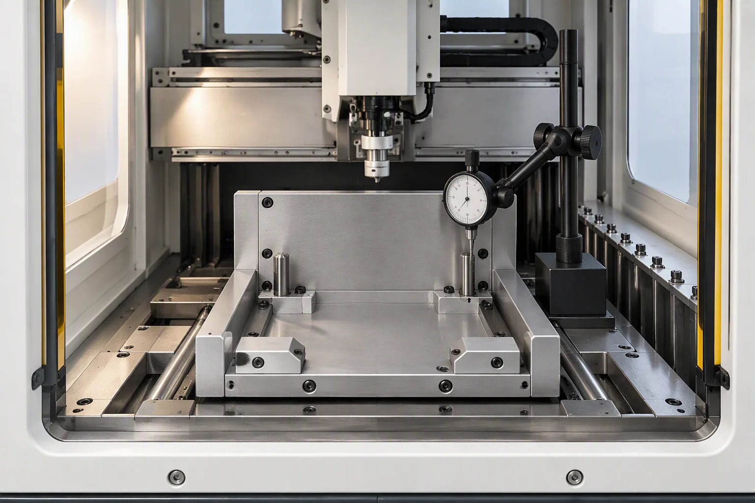 Rendering: a docking test fixture on a bench — a tray slide, a backplate and a dial indicator probing the receptacle face, the dial rendered unreadable