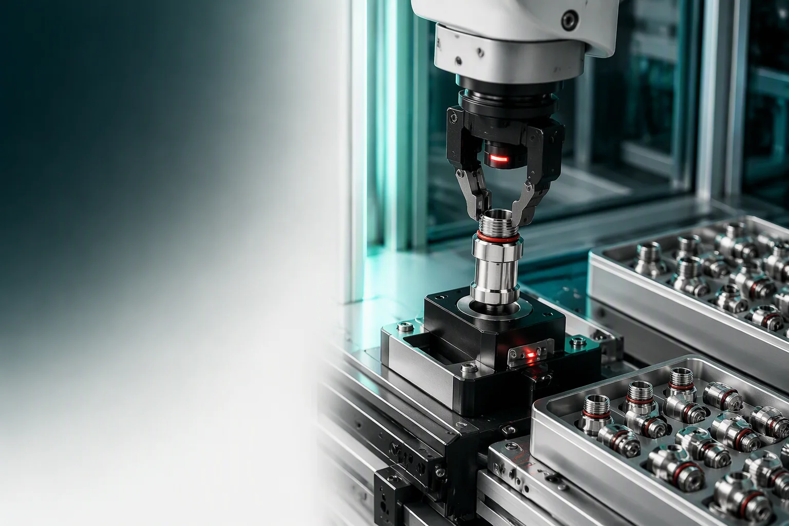 Automated assembly cell building UQD quick disconnect sets under torque-controlled tooling