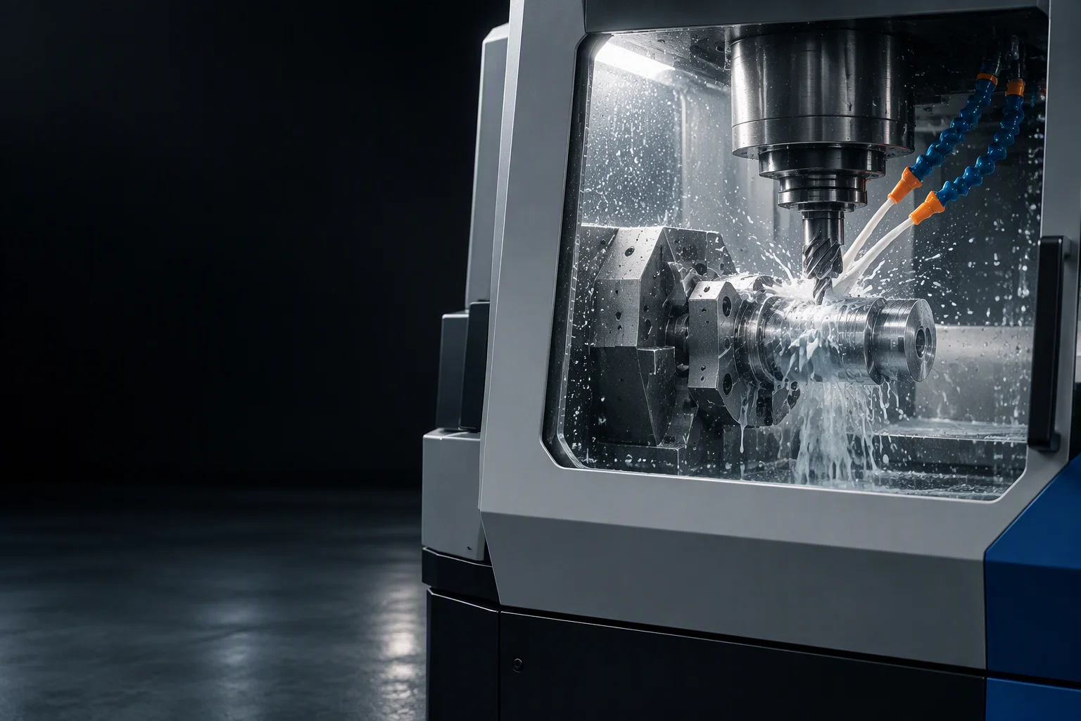 Cutting action inside a machining centre window: tool tip meeting the workpiece under a flow of coolant