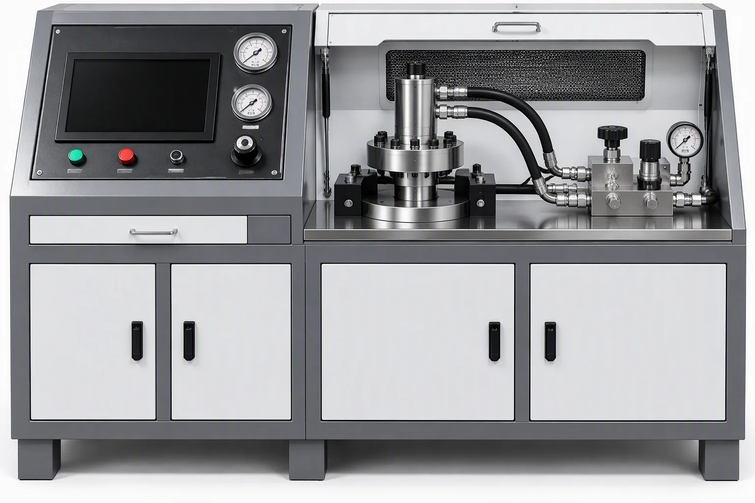 Rendering: a pressure test rig with a fixture head and a manifold block, its gauges rendered unreadable