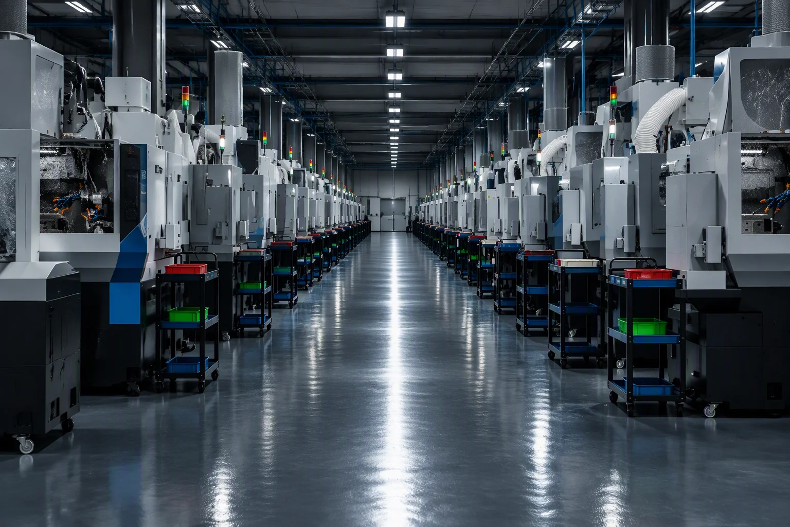 Main gangway of the production floor running into the depth of the hall