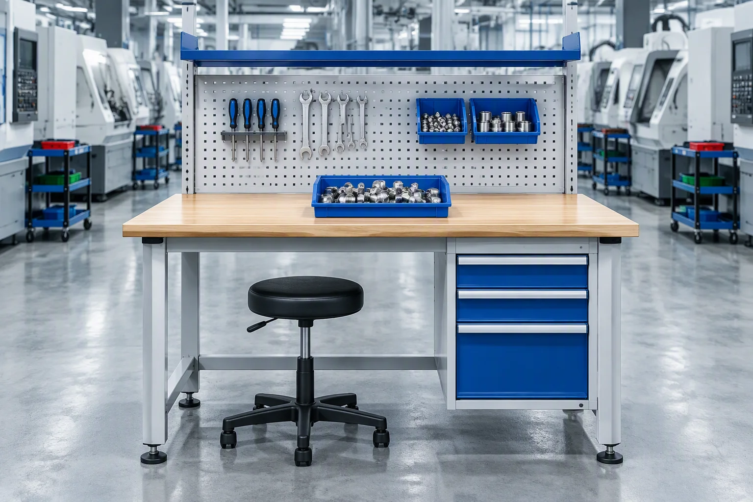 Illustration: one controlled work position, a single bench with a tray of fittings