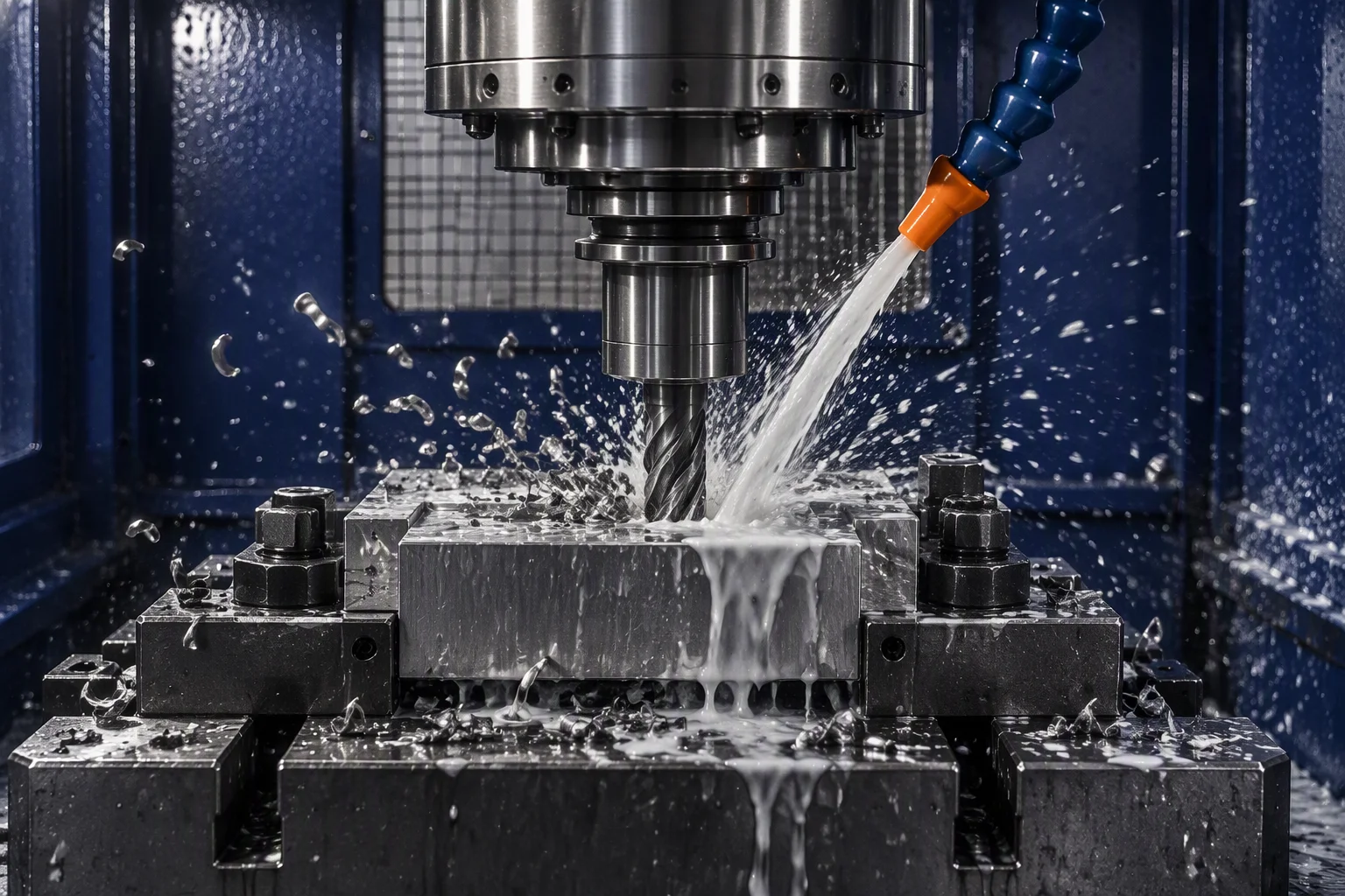 Tool tip cutting a stainless workpiece inside a machining centre