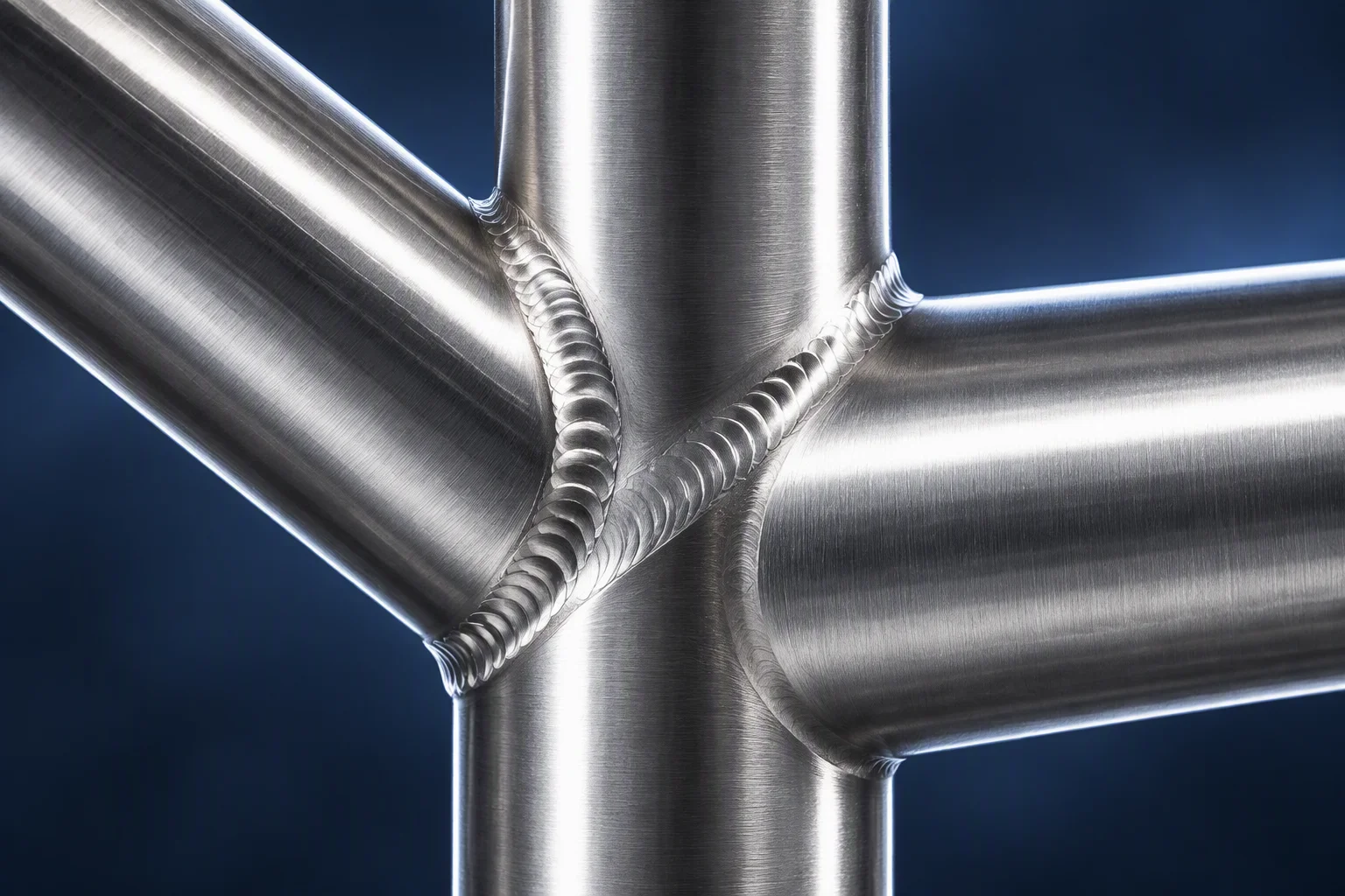 Rendering of a welded tube joint in close view on a dark bench