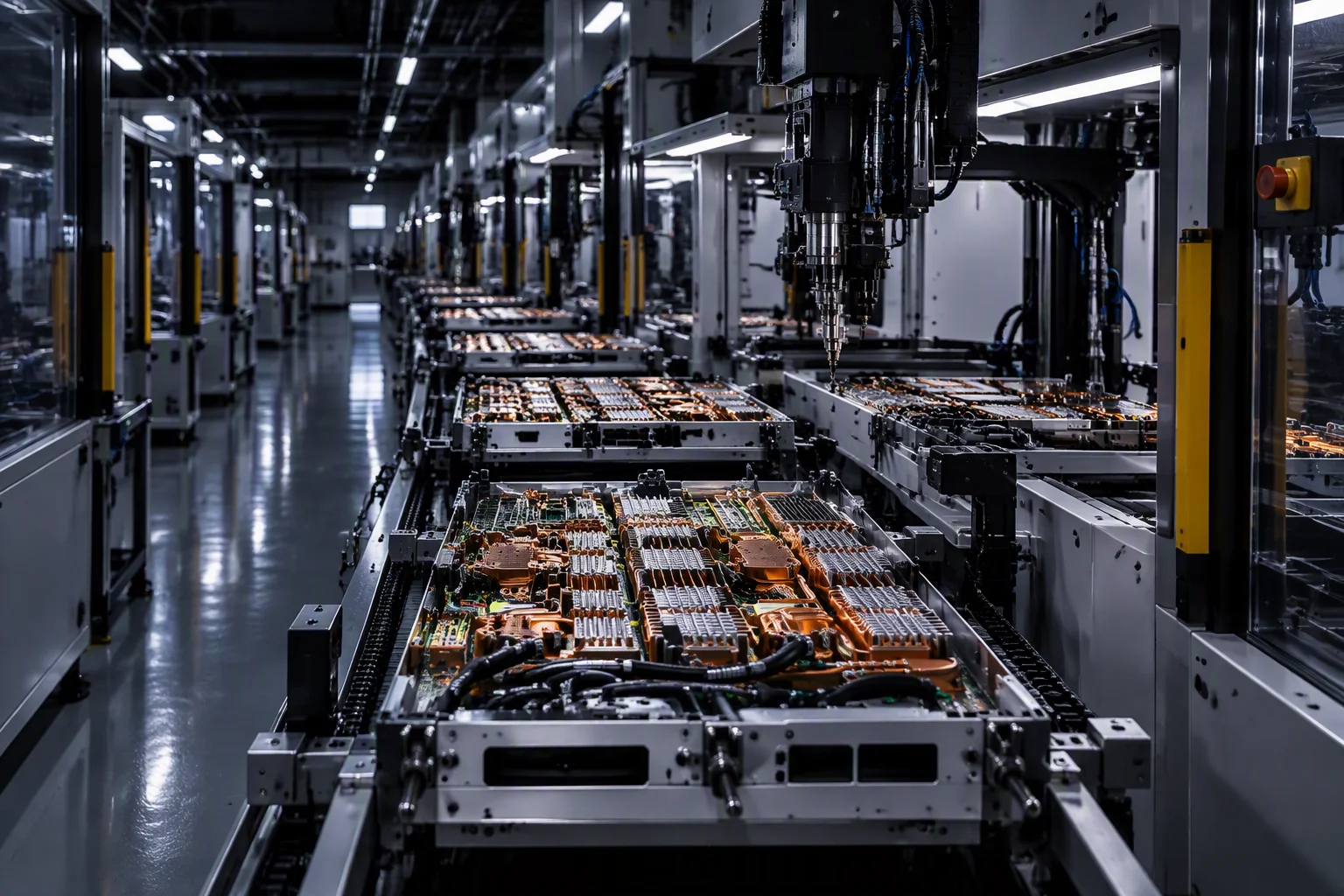 Production line seen down its own length, stations receding toward the end of the hall