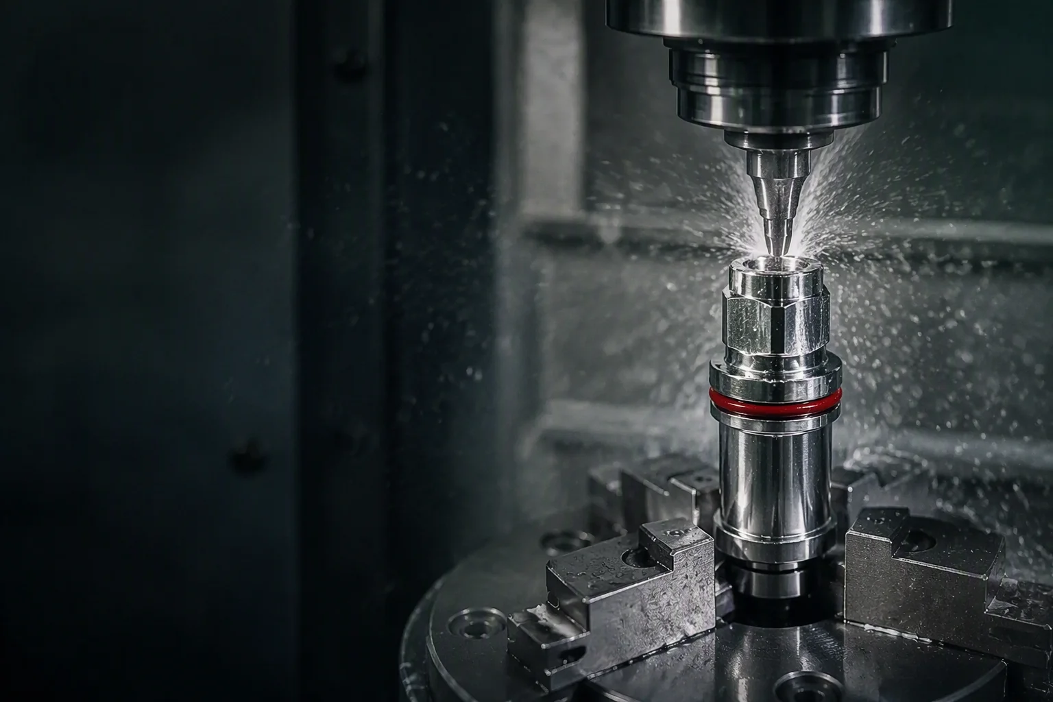 CNC machining center cutting a UQD coupling valve body from stainless bar stock