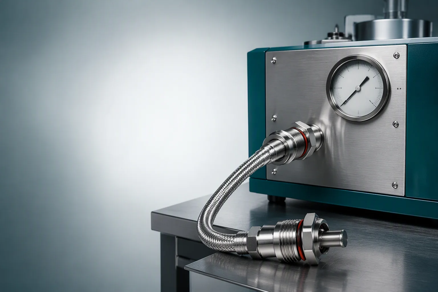 Helium leak test bench with a UQD coupling set clamped in the test fixture