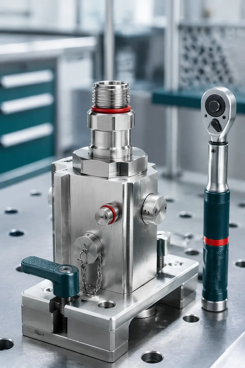 Assembly detail of a custom CDU manifold with torque-controlled fittings and UQD ports