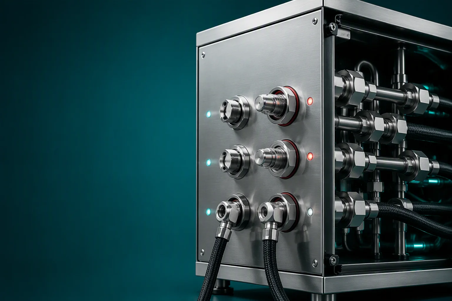 In-rack CDU cabinet plumbed into custom manifolds with UQD couplings