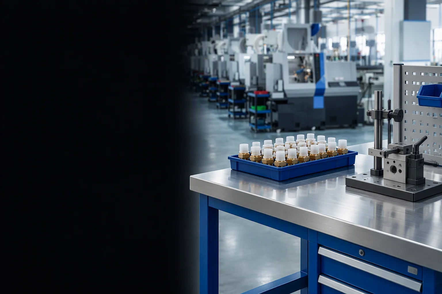 Illustration: a brushed stainless work position with a tray of capped fittings under a flow hood edge