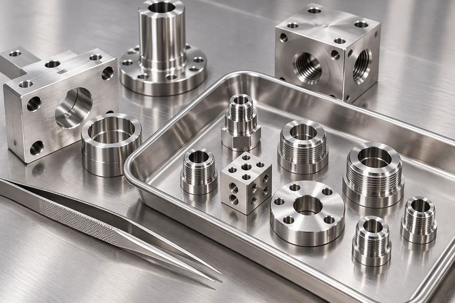 Illustration: fittings spread on a brushed stainless surface beside tweezers and a tray, with no engraving on either