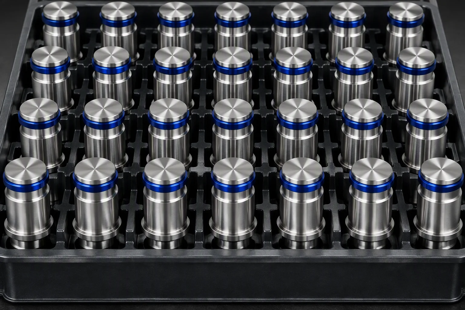 Illustration: a tray of finished fittings in ordered rows, every end closed with a dust cap