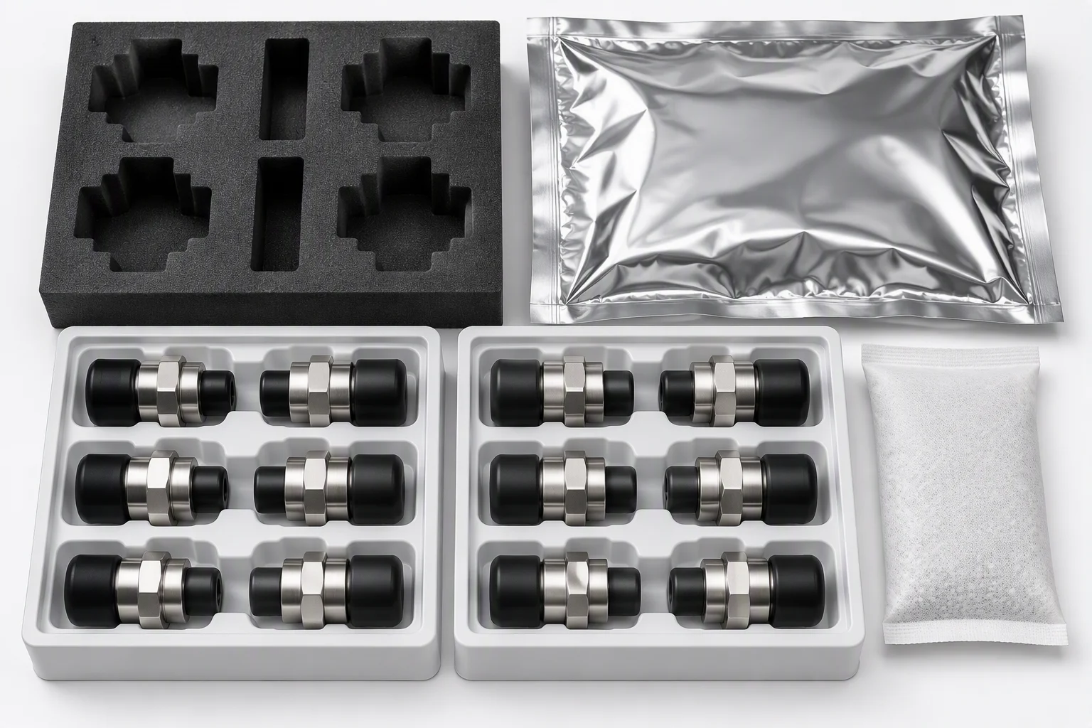 Illustration: a packing stack pulled apart, with a foam insert, barrier bag, desiccant sachet and capped fittings in trays