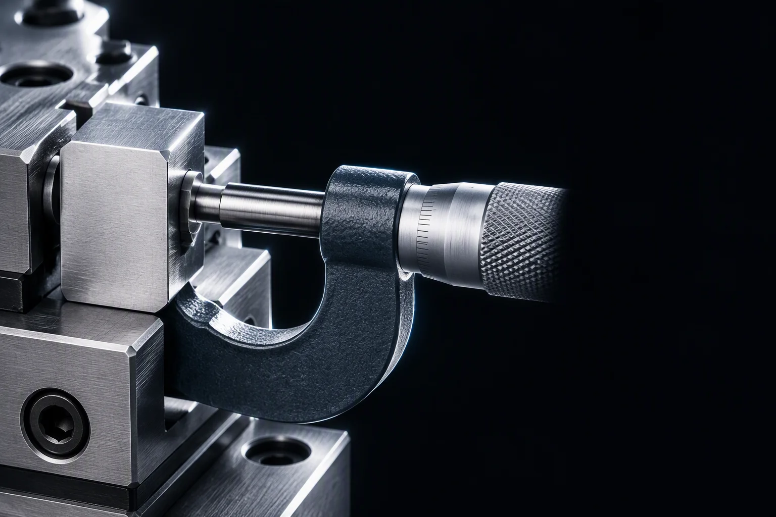 Micrometer gauge closed on a machined stainless part, graduations out of focus