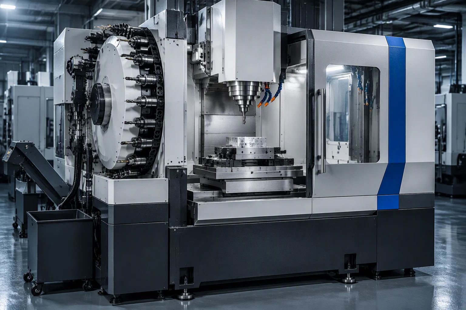 Machining centre tool magazine, spindle and work table seen through the cell opening