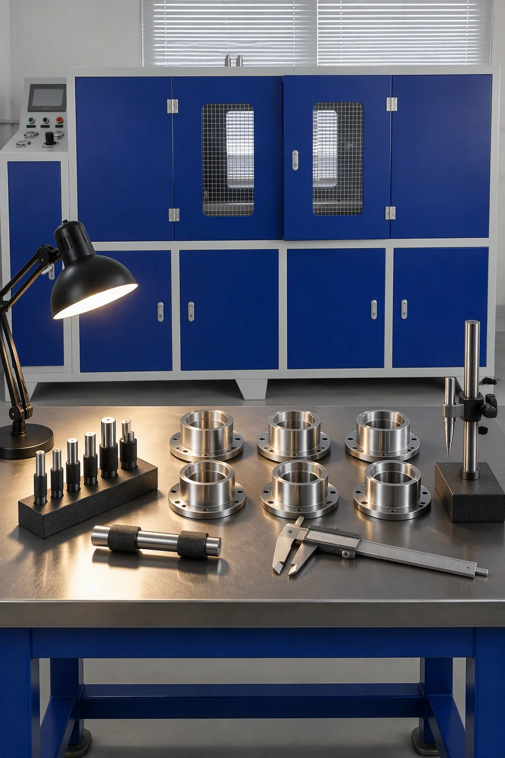 Plug gauges and a setting ring standing on an inspection bench beside a part