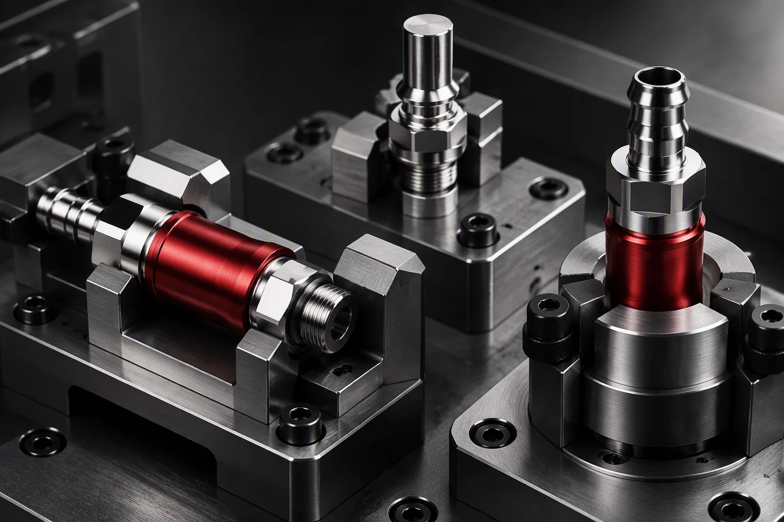 Parts of one coupling family laid out with their matching fixtures, arranged in ascending size order
