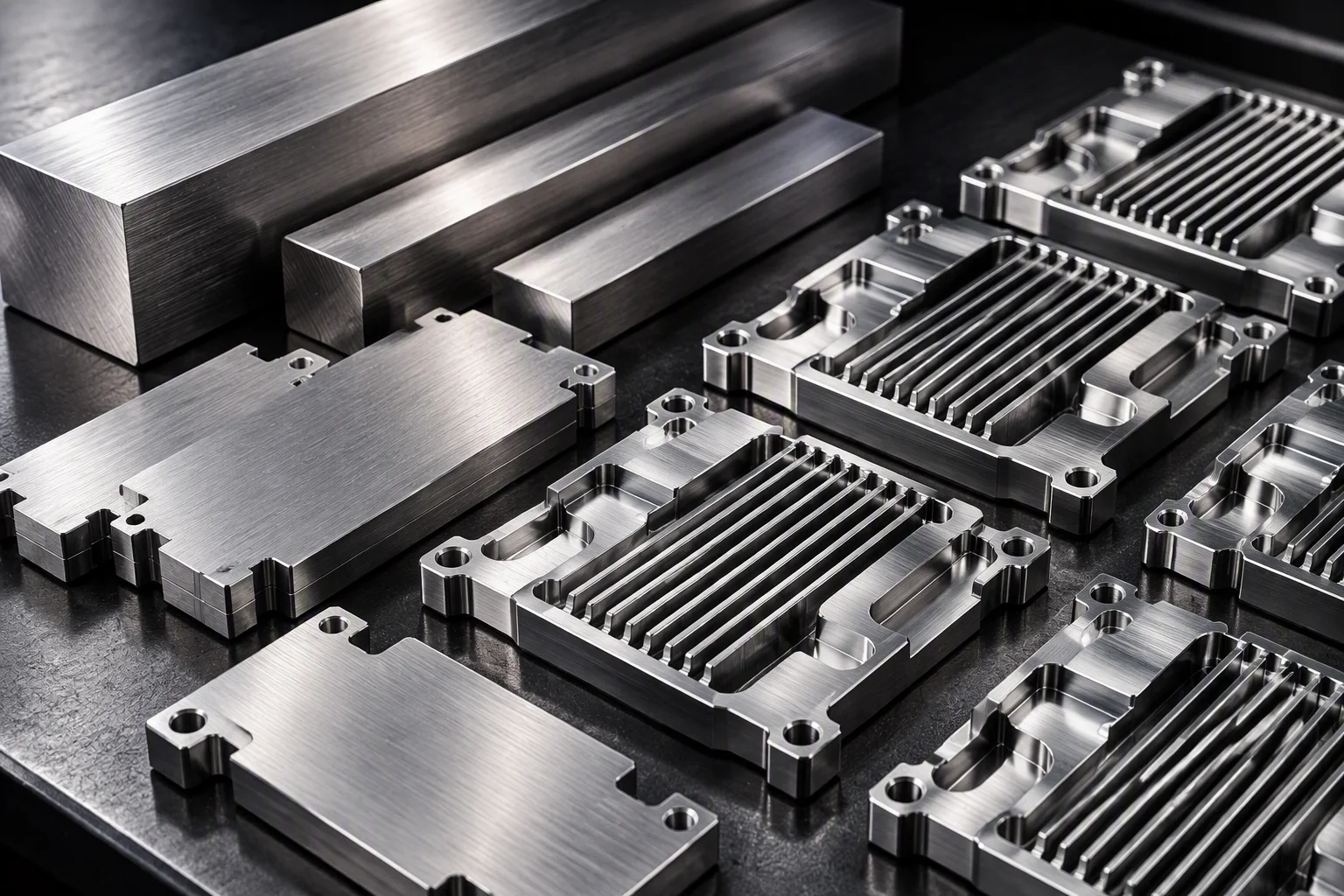 Stainless bar stock cut to length beside a finished machined part on a bench