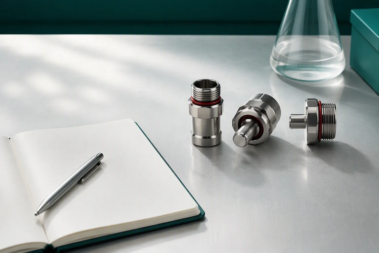 Engineering desk with UQD coupling samples, caliper and loop drawings for RFQ review