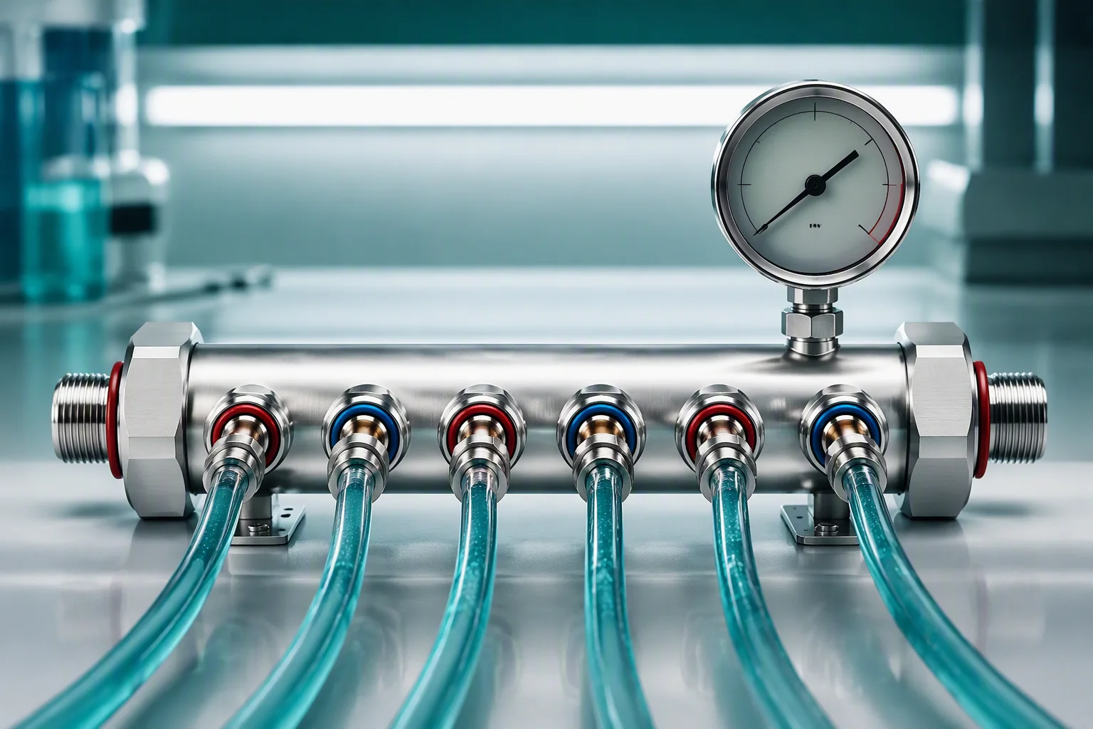 Pressure gauge mounted on a liquid cooling manifold showing low pressure drop