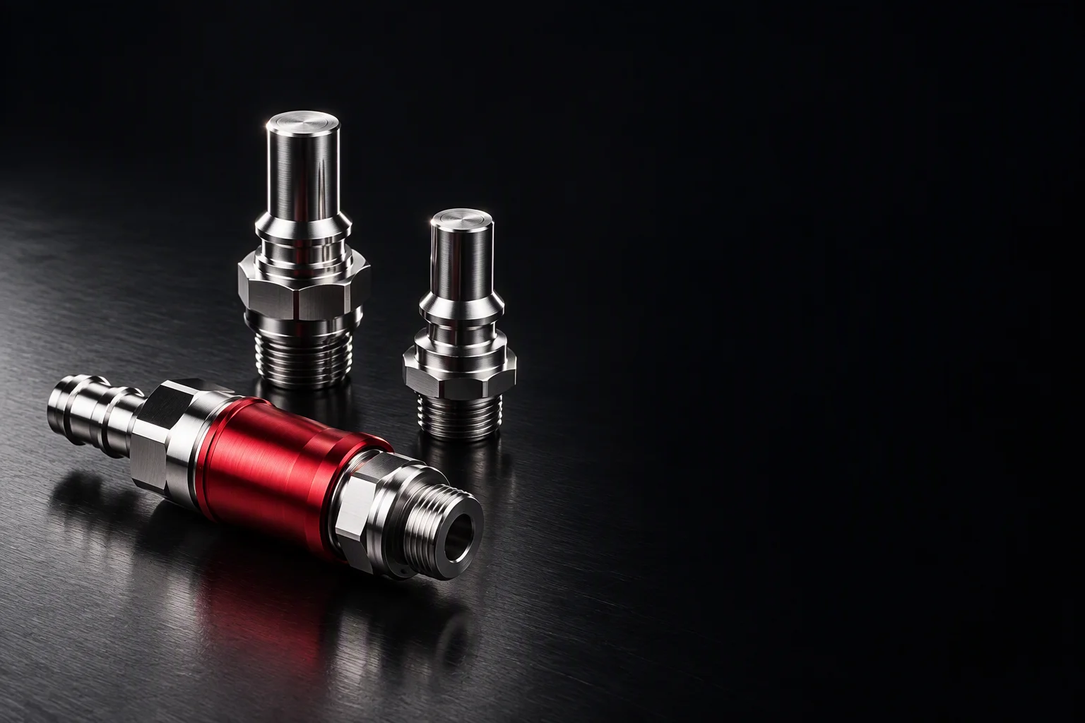 Machined stainless coupling bodies and turning marks on a dark bench, part drawing lines crossing the lower right
