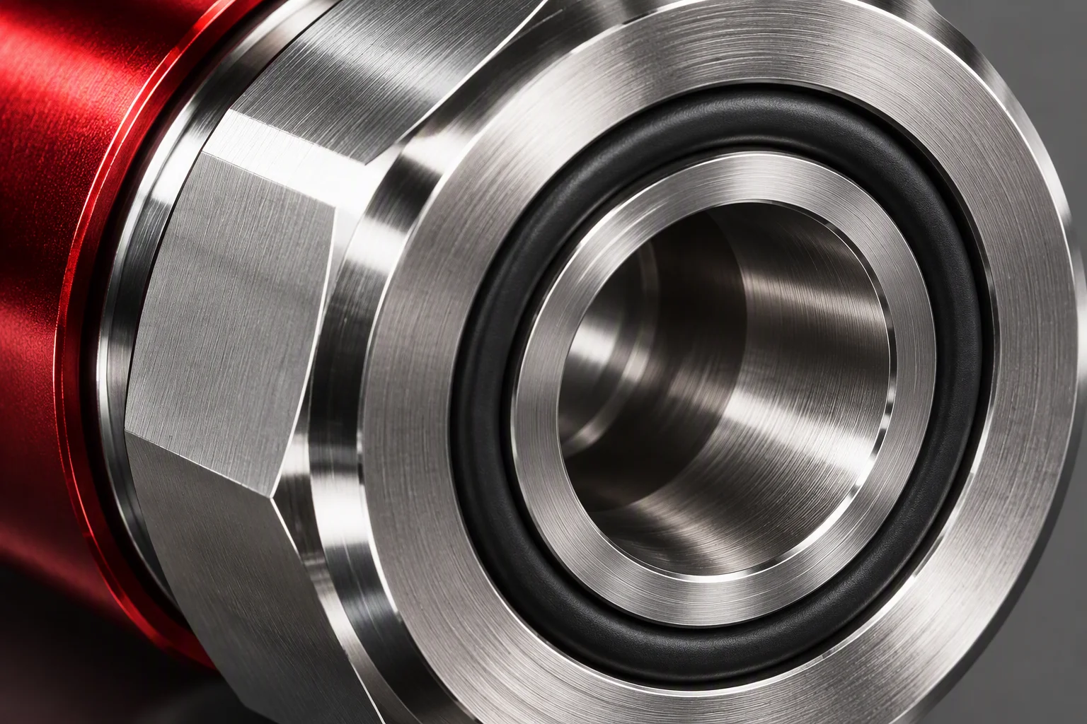 Close view of a ground sealing face, tool marks and bore edge across the metal surface