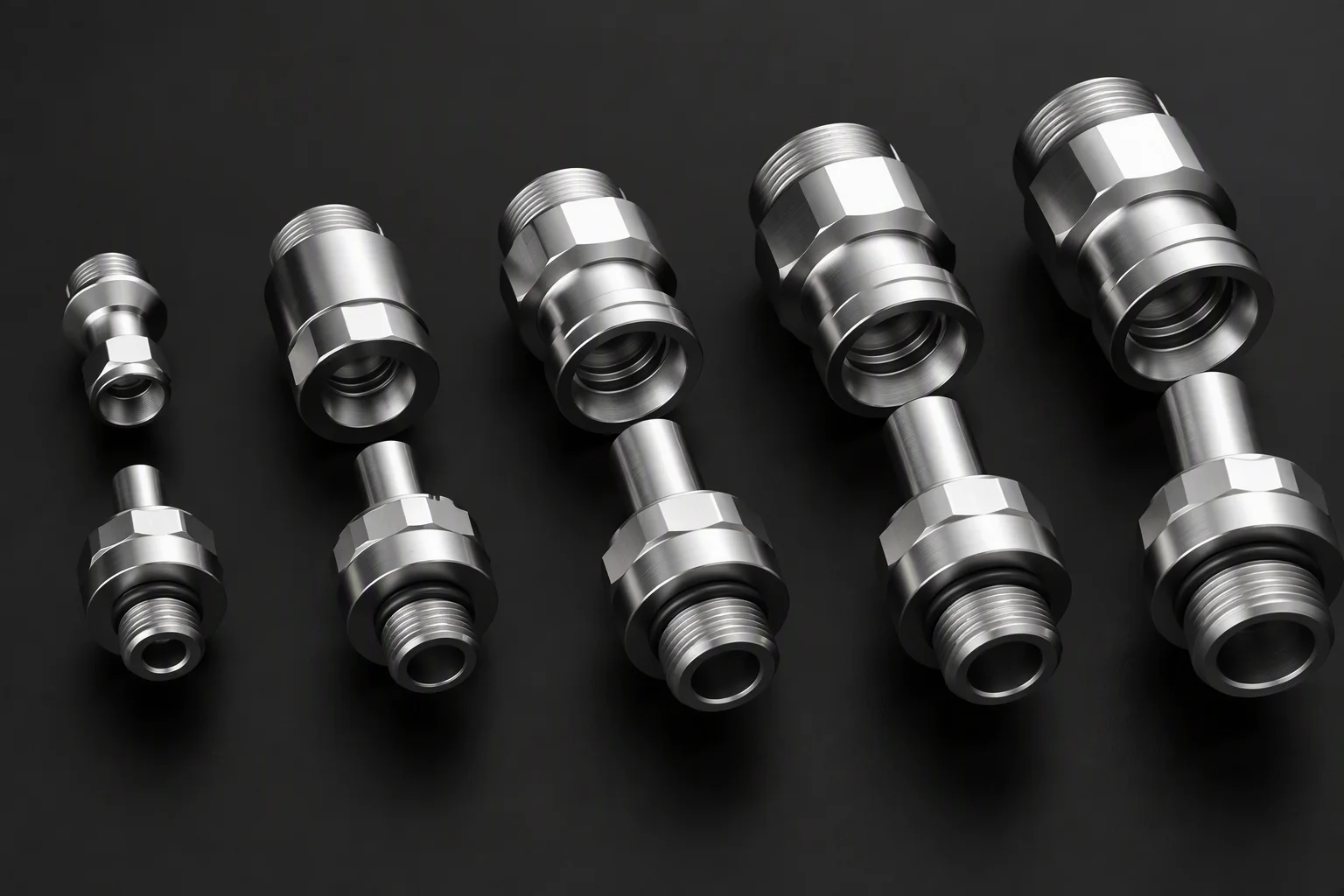 Bare stainless blind-mate couplings arranged in pairs on a dark plate