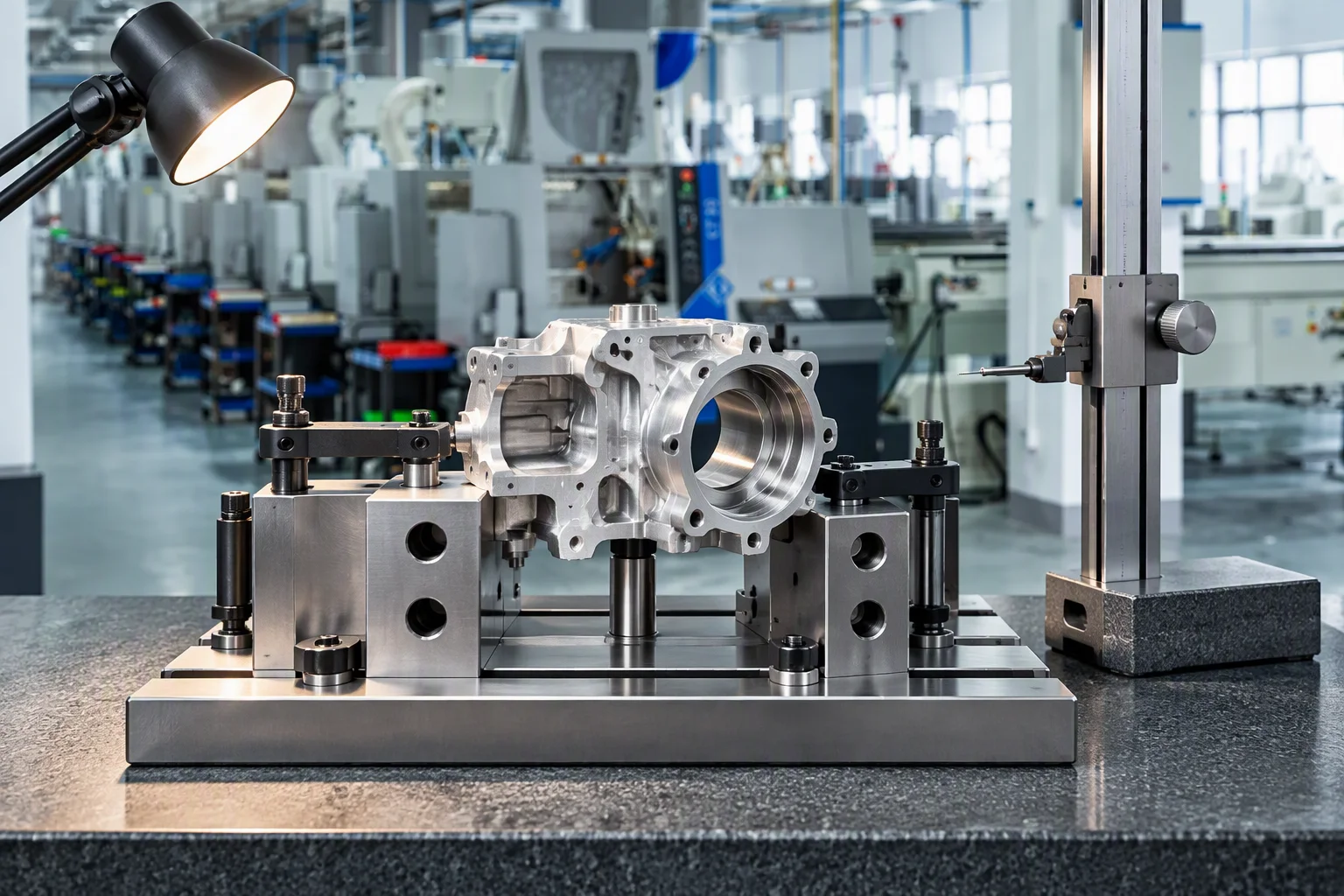 Part clamped on an inspection bench with gauges standing around it