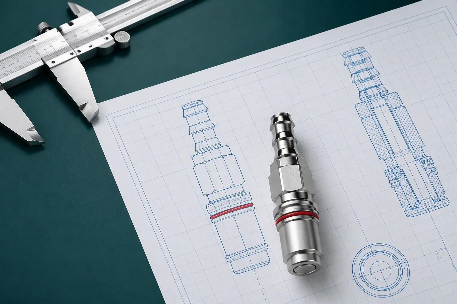 Engineering desk with a UQD manifold drawing, calipers and coupling samples during a DFM review