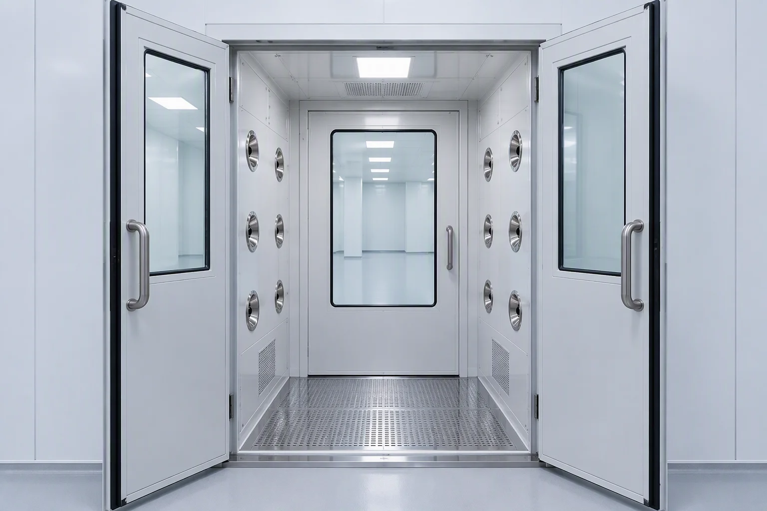 Illustration: a controlled-area entry with an air shower between two gasketed doors