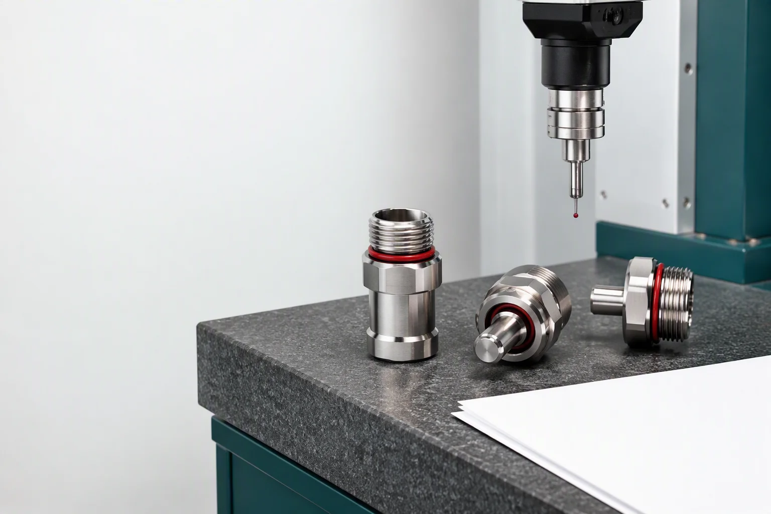 Inspection bench with CMM fixtures and helium leak test equipment for couplings