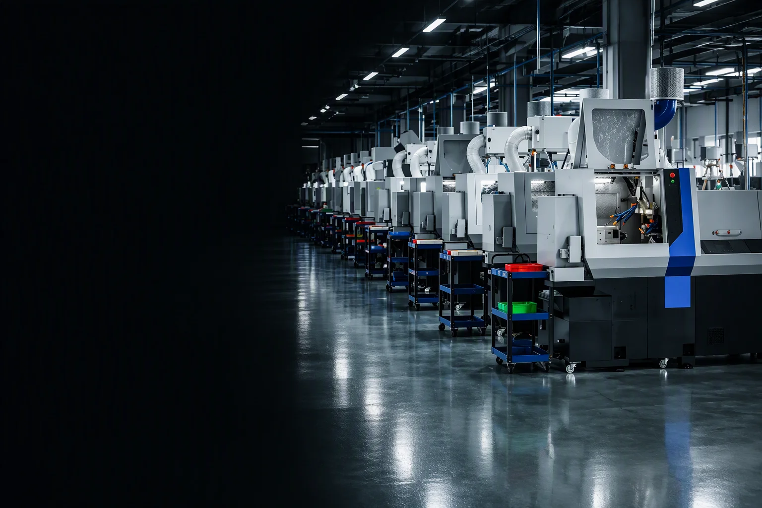 Rendering: a machining floor in working depth, machine rows receding along a service aisle